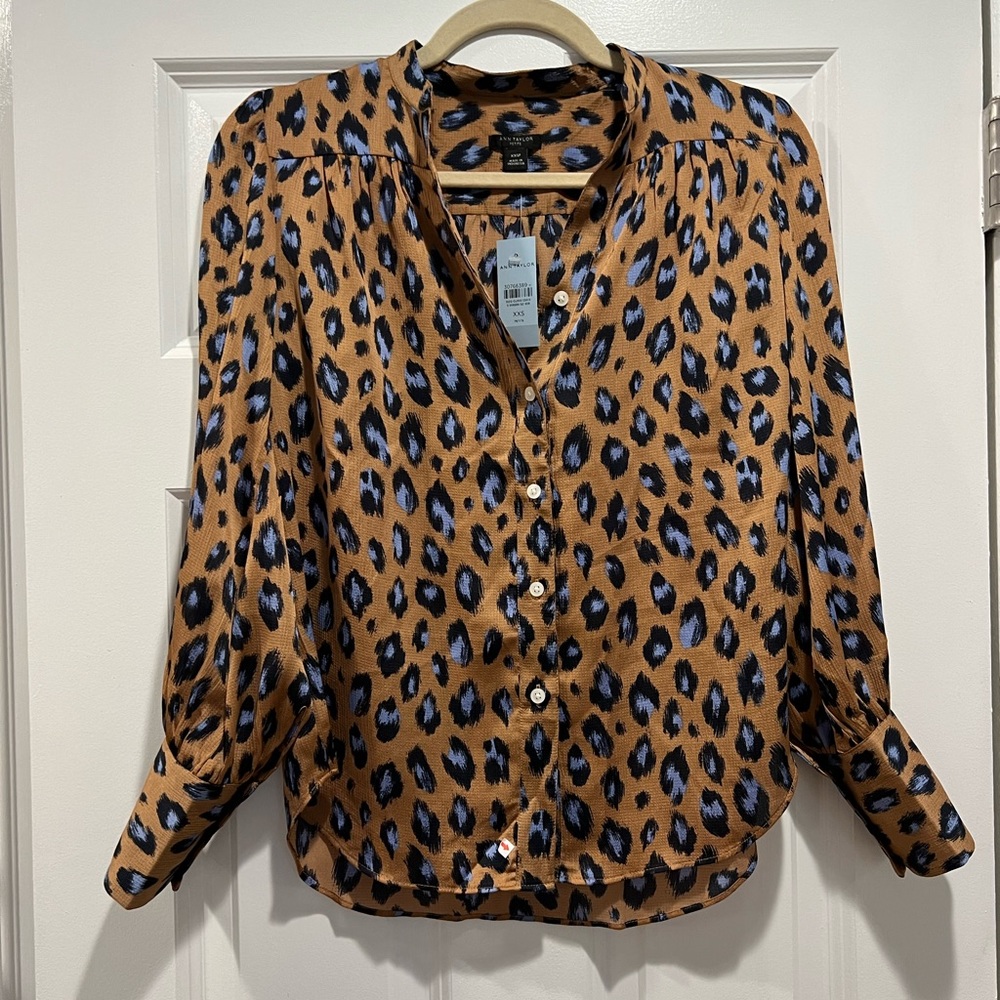 Leopard (blue & brown) blouse, never worn, button down blouse